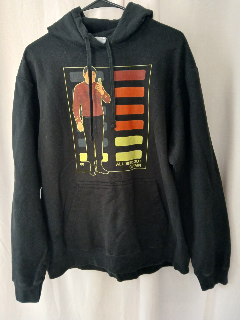 Star Trek- All She's Got Captain .Black Graphic Pullover Hoodie Scottie Large